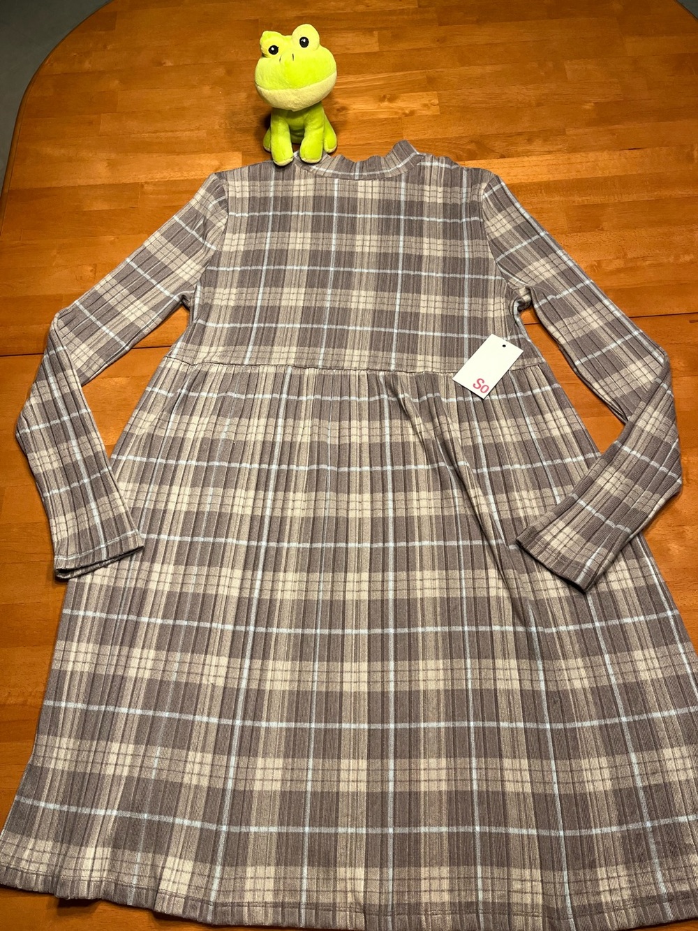SO Plaid Mock Babydoll Ribbed Long-Sleeve Mini Dress